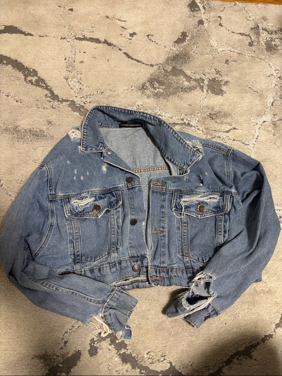 naked wardrobe Jackets & Blazers - naked wardrobe Distressed Light Blue Cropped Jean Jacket
